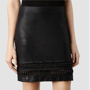 All Saints Black Leather Mini Skirt with Chain Trim
